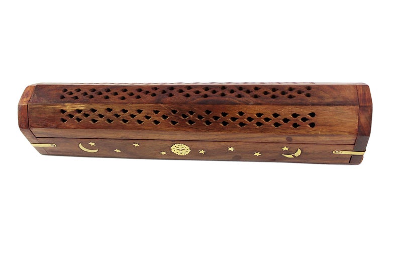 Cotton Craft Sheesham Wood Incense Burner Holder - Set of 2 Coffin Style Sun Moon Inlay Handmade Aromatherapy Room Freshener Fragrance Cone Incense Stick Burner Ash Catcher - Zen Home Gift - 12x2x2 - COTTON CRAFT - Image 4